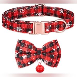 Christmas Plaid Dog Collar w/Rose Gold Buckles & Removable Bowtie w/Bell Size M